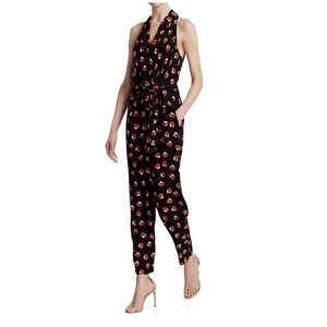 Diane von Furstenberg Pierre Black Orange Floral‎ Wrap Jumpsuit Size S Small